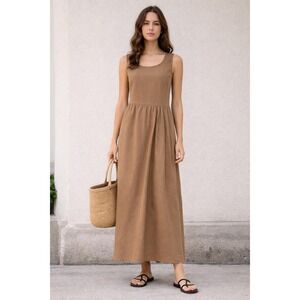 Caron Callahan Tan Brown Cotton Poplin Sleeveless Prairie Maxi Dress Large